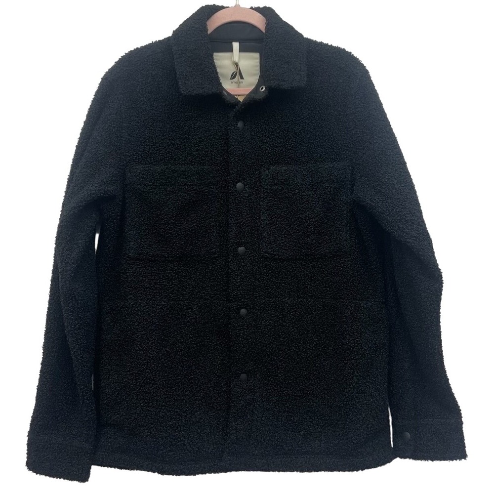 Amazon‎ Aware Mens Sherpa Fleece Shacket Jacket Medium M Black Snap Front NWT